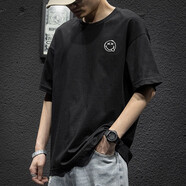 胖胖兄短袖t恤男寬松純棉圓領(lǐng)大碼半袖男士夏季印花打底體恤衫五分袖男生半截袖胖子中袖肥佬夏天男上衣服男 黑色 S【建議90-105斤】