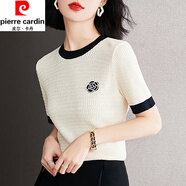 皮爾卡丹（pierre cardin）冰絲短袖t恤女士夏季新款針織時(shí)尚洋氣小衫高端百搭上衣氣質(zhì)顯瘦 乳白色 《氣質(zhì)洋氣減齡歐貨女裝 S (90-100斤)