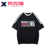 希蘇隆BOBBY ABLEY 美式復(fù)古旗幟字母Logo印花拼接三條杠百搭短袖T恤 片黑色P L