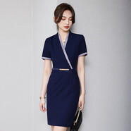 芭妃婭職業(yè)連衣裙女神范氣質時尚美容師工作服珠寶店工裝ol職場前臺接待 藏青色短-袖連衣裙 M