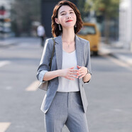 時(shí)尚小西裝外套女夏季薄款中袖職業(yè)裝西服套裝氣質(zhì)英倫風(fēng)休閑外套 88235灰色外套+九分褲 3XL 建議130-140斤