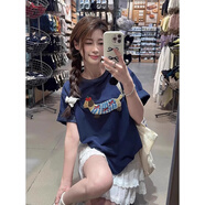 風(fēng)采兔 100%純棉趣味可愛(ài)小狗繡花T恤女夏季設計感小眾寬松短袖休閑上衣  藍色   2XL