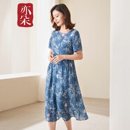 亦朵夏印花苧麻連衣裙女中長(cháng)款過(guò)膝顯瘦百搭蕾絲裙子 花色 M