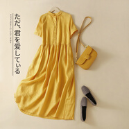 美琪誠品文藝亞棉麻復古短袖連衣裙女2024夏季新款顯瘦中長(cháng)款寬松襯衫裙子 黃色 M【建議100-125斤】