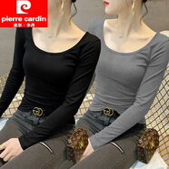 皮爾卡丹（pierre cardin）莫代爾打底衫女2024新款低領(lǐng)內(nèi)搭U領(lǐng)長袖t恤春秋韓版修身顯瘦上衣 黑色+麻灰【兩件裝】 L 【110-120斤】