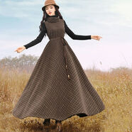 澤萬(wàn)邦秋冬格子條紋復古毛呢背心裙高領(lǐng)修身收綁帶顯瘦長(cháng)款連衣裙 咖啡色裙子+黑毛衣【套裝】 M 斤內