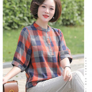 柒十念短袖棉麻襯衫女夏季新款休閑百搭半袖顯瘦襯衣格子寬松套頭上衣潮 桔藍(lán)格子 XL 建議130-150斤