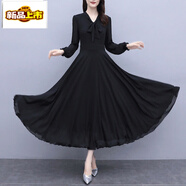 初徑長(cháng)袖雪紡連衣裙2026新款春秋季女裝大碼收腰顯瘦純色過(guò)膝大擺長(cháng)裙 黑色 【專(zhuān)柜定制版】純雪紡 2XL 【建議126-138斤】