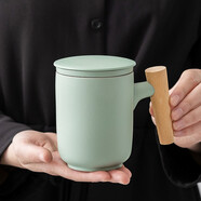 極素 木柄馬克杯帶蓋過濾茶水分離泡茶杯子男生女士陶瓷水杯辦公室會議茶杯個人專用企業(yè)logo定制可刻字 青砂釉