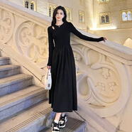 依慕琪布舒瑤長(cháng)袖鏤空黑色連衣裙女2024秋冬設計感小眾收腰顯瘦氣質(zhì)內搭 黑色2386 7XL s 78-90斤