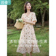 茵曼（INMAN）法式設計感印花連衣裙夏女新品V領(lǐng)泡泡袖高腰長裙F18323075 暖杏色 S