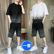 帝歐萊夫 夏天T恤套裝男潮流夏裝休閑運動(dòng)套裝短袖t恤套裝男夏季衣服男裝 黑色(短褲+短袖) M (推薦體重95-115斤)