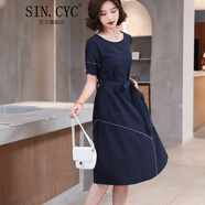 SIN.CYC女裝短袖連衣裙中長(cháng)款夏季時(shí)尚收腰顯瘦氣質(zhì)洋氣減齡小個(gè)子裙 藏青色 XL