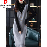 皮爾卡丹（pierre cardin）羊毛連衣裙女秋冬新款馬甲背心裙寬松顯瘦中長款針織打底衫毛衣裙 2243灰色 均碼
