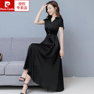 皮爾卡丹（pierre cardin）2025年新款連衣裙夏季修身顯瘦氣質(zhì)高檔冰絲長款收腰遮肚大擺長裙 黑色 3XL
