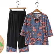 音藻老人衣服女60到70一80歲老年人衣服奶奶款夏裝服裝夏天老太太套裝 藍(lán)色祥云花【中袖T恤+9分褲子】套裝 XL 【80斤-105斤】