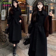 貝娜妮（Beinani）大碼女裝胖MM系帶毛呢外套女秋冬韓版寬松中長(cháng)款復古過(guò)膝呢子大衣 黑色 4XL 建議175-200斤