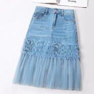 御仕達網(wǎng)紗拼接牛仔裙女高腰不規則半身裙春秋2023高腰顯瘦一包臀裙 藍色網(wǎng)紗 M 2796-105斤