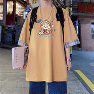 貝吉棋短袖男日系寬松顯瘦T恤夏季新款圓領(lǐng)半袖學(xué)生港風(fēng)體恤 桔色(頭巾小孩) XL