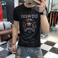 Angelgonzales歐洲站男士純棉燙鉆印花短袖T恤潮流修身夏季新款打底衫潮男 黑色 XL