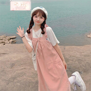 與欣背帶裙子女學(xué)生連衣裙粉色裙子女夏天新款初中高中學(xué)生甜美寬松可愛(ài)中長(cháng)裙 0548-粉色連衣裙