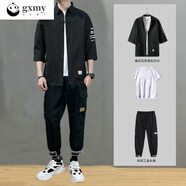 gxmy七分袖t恤男士休閑套裝潮流衣服男裝痞帥氣寬松穿搭配三件套裝男 黑色+白短T+57工裝褲黑色 XL 【120-140斤】