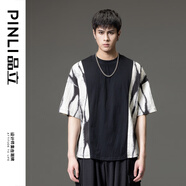 品立（PINLI）T恤男短袖夏季男裝潮牌拼接水墨印花圓領(lǐng)男士半袖體恤上衣 黑色 3XL 190