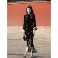 家隆名秀旗袍 新中式國風(fēng)復古假兩件繡花收腰顯瘦旗袍連衣裙女 圖片色 M