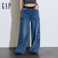 Gap女裝春秋純棉工裝風(fēng)闊腿褲時(shí)尚百搭寬松牛仔褲873049 藍色 26亞洲尺碼