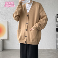 蘇京貓?zhí)卮蟠a毛衣男V領(lǐng)開(kāi)衫格子拼色針織衫寬松毛線(xiàn)衣男士長(zhǎng)袖外套男 KS002駝色 3XL 建議160斤-180斤