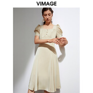 緯漫紀(jì)（VIMAGE）女裝夏季新品純色英倫風(fēng)高腰燈籠袖氣質(zhì)連衣裙子女VB2107150 萱黃72 S (1)