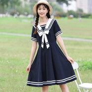 紫洛妮少女連衣裙初中學(xué)生夏裝新款韓版高中生13歲清新學(xué)院風(fēng)甜系JK裙子 藏青色 M