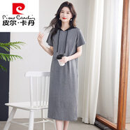 皮爾卡丹純棉連衣裙女夏季中長(cháng)款大號寬松短袖t恤裙帶帽休閑裙顯瘦遮肚子 花灰色 105款 L 111-120斤