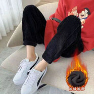 AHKA加絨加厚燈芯絨休閑褲子女秋冬新款高腰寬松顯瘦束腳外穿運動(dòng)褲子 加絨 黑色【加厚 束腳褲】2013 S 建議75-95斤