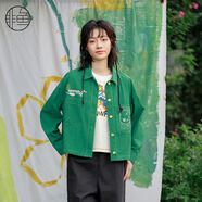 非魚(yú)2024春季新款文藝復古短款小外套百搭休閑女刺繡潮牌外套 果綠 L