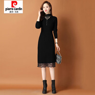皮爾卡丹（pierre cardin）針織連衣裙女春秋2025年新款顯瘦配大衣冬季長袖打底衫女士毛衣裙 黑色不加絨 3XL
