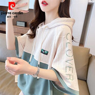 皮爾卡丹（pierre cardin）連帽設(shè)計(jì)感短袖t恤女夏裝2025新款寬松大碼撞色小個(gè)子短款上衣服 綠色 2XL (適合151-180斤)