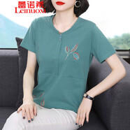 蕾諾希  短袖女22年t恤女棉圓領繡花拼接上衣百搭夏裝新款體恤衫8636 海藍色 XL