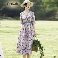 子牧棉麻春裝 女時(shí)尚V領(lǐng)套頭碎花連衣裙收腰顯瘦五分袖裙子9677 粉色 M(建議90-110斤)