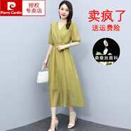 皮爾卡丹母親節(jié)國際真絲連衣裙女夏季2023年新款感收腰顯瘦桑蠶絲長裙子 秋香綠 2XL