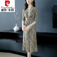 皮爾卡丹輕奢高檔女裝 高貴優(yōu)雅洋氣2021早春女裝新款連衣裙中長款度假宴會(huì)闊太太女士裙針織 987豹紋七分袖 XL