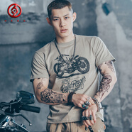 赫搏美式復(fù)古機車硬漢工裝阿美咔嘰風(fēng)格摩托車歐美重磅純棉短袖T恤男 款式三 L