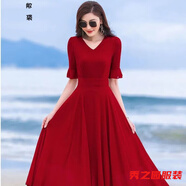 范哲莎小個子女人夏天穿的中長連衣裙大擺裙夏紅色中長款跳舞雪紡連衣裙 酒紅色 XL 建議115--125斤