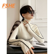FSHE撞色高領(lǐng)套頭針織打底衫女春秋堆堆領(lǐng)毛衣內搭高級感長(cháng)袖修身上衣 米白 L 建議110-120斤