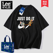 Leekylze官方品牌旗艦聯(lián)名短袖t恤男女貓和老鼠卡通半截袖情侶裝寬松重磅 黑色 XL