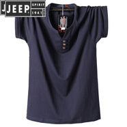 JEEP SPIRIT/吉普夏季新款男士加肥加大碼短袖T恤男裝寬松純棉v領(lǐng)肥佬半袖胖 純藏青 7XL(建議280-305斤)