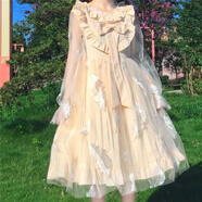 道花途洛麗塔仙女裙子夏季日系軟妹網(wǎng)紗蝴蝶結(jié)木耳花邊羽毛連衣裙公主裙 杏色 均碼 60-120斤