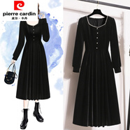皮爾卡丹（pierre cardin）大碼女裝2025春秋新款胖mm遮肚顯瘦收腰氣質(zhì)黑色金絲絨方領(lǐng)連衣裙 黑色(歐美裙子/秋裝女2024年新款 M (建議85-100斤)