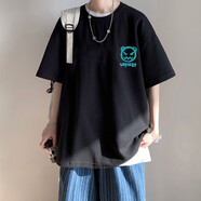 大魚界線純色t恤男潮牌潮流百搭ins寬松半袖男夏季新款青少年衣服男生短袖 小惡魔-黑色 XL(135-145斤）
