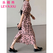 樂(lè )雅秀2025新款粉色圓領(lǐng)系帶豹紋泡泡袖連衣裙夏收腰顯瘦氣質(zhì)開(kāi)叉長(cháng)裙潮 主圖款 M （95~105斤）